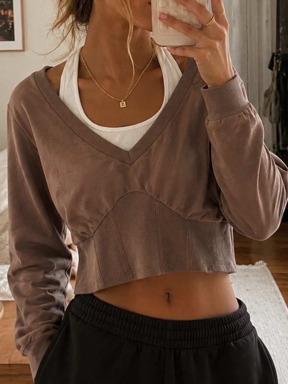 NWT Cider Women's Brown V-Neck Cropped Corset Top with Layered White Tank
